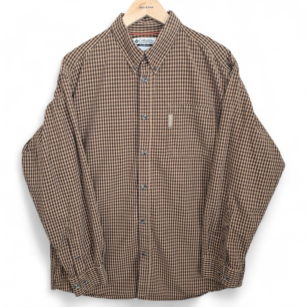 Columbia Shirt Mens Large Brown Button Down Micro Check Long Sleeve Casual